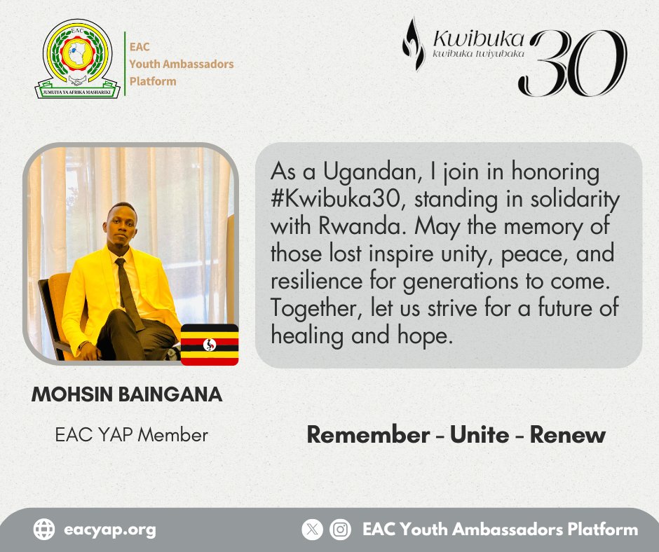 Mohsin Baingana is a member of the EAC Youth Ambassadors Platform, Uganda Chapter. He stands with the #Rwandan community for the 30th commemoration of the 1994 Genocide against the Tutsi. @_its_mohsin #Kwibuka30