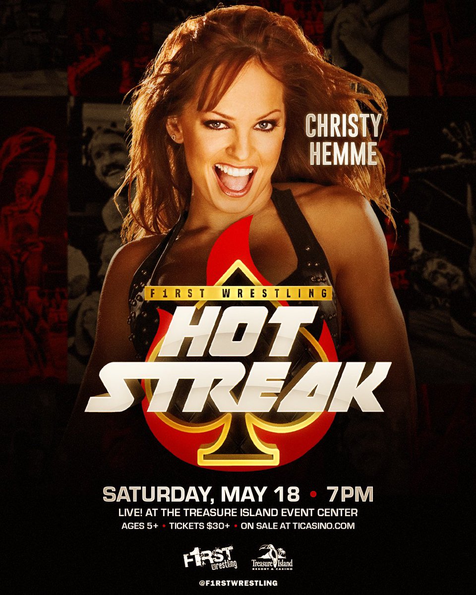 Original TNA Knockout and WWE Diva Christy Hemme is coming to @ticasino! 🔥𝑯𝑶𝑻 𝑺𝑻𝑹𝑬𝑨𝑲♠️ SATURDAY | May 18th Welch, Minnesota Doors 6pm | Show 7pm | Ages 5+ 🚨GET YOUR TICKETS NOW🚨 🎟️ ticketmaster.com/f1rst-wrestlin…