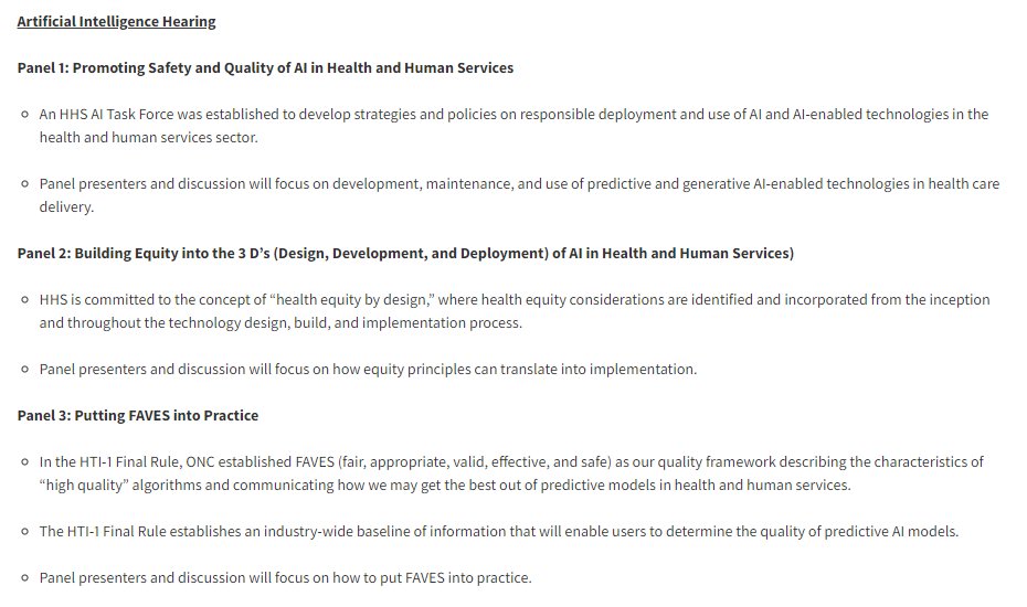 Many thanks to the @ONC_HealthIT committee for the opportunity to present at the AI hearing today! Great dialogue about ensuring health AI is fair, appropriate, valid, effective, and safe (FAVES) through local governance. All presenter slides are at healthit.gov/hitac/events/h…