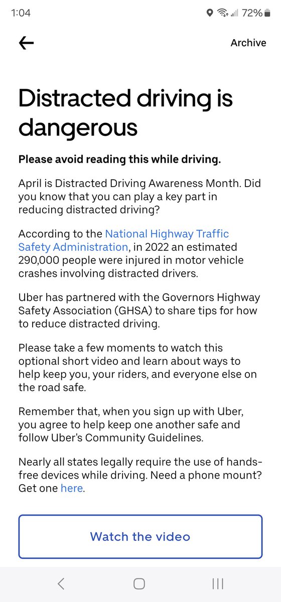 I just got this in app message from @uber, I'm sure many have, talks about distracted driving and they wanted me to watch this video. Uber, the biggest distraction is the FOMO TRIP RADAR that I get constantly pinged with where all garbage trips go to die! Seriously?…