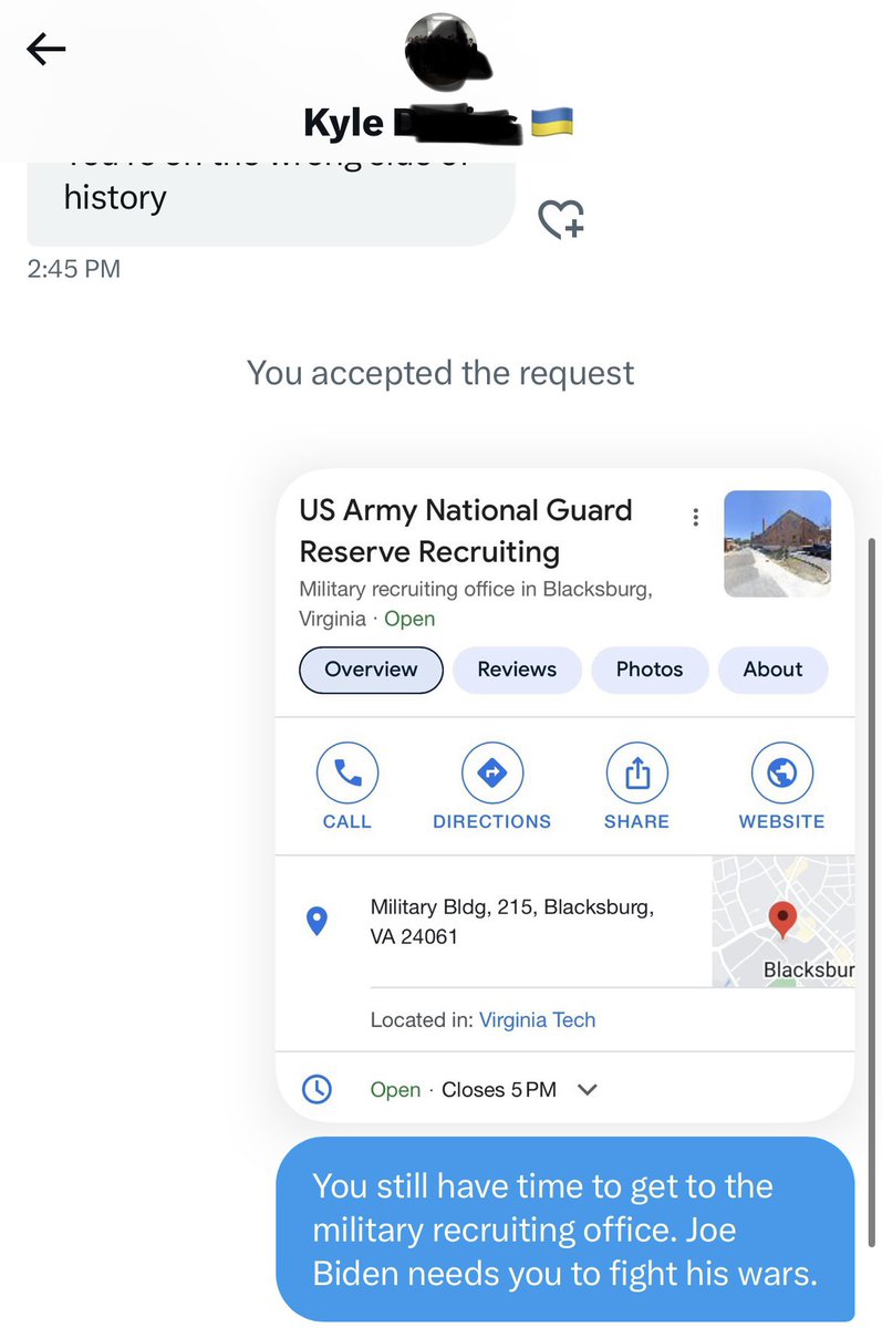 Received a direct message from a Joe Biden supporter with a 🇺🇦. Despite his not so nice opening, I kindly replied with his local military recruiting office.