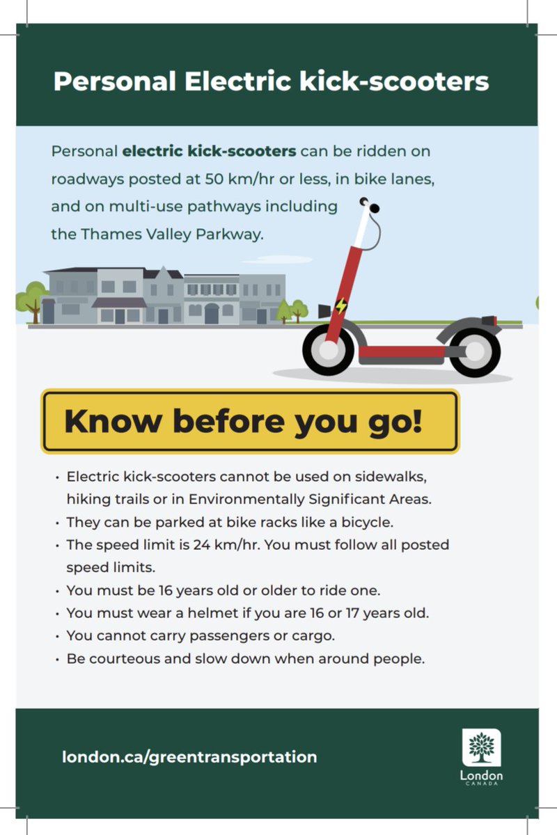 DYK that children in #ldnont and many other Ontario municipalities are not allowed to ride electric scooters until they are 16? Know the rules and be safe with this new-ish mode of transportation. @TVDSB @LDCSB @mybigyellowbus