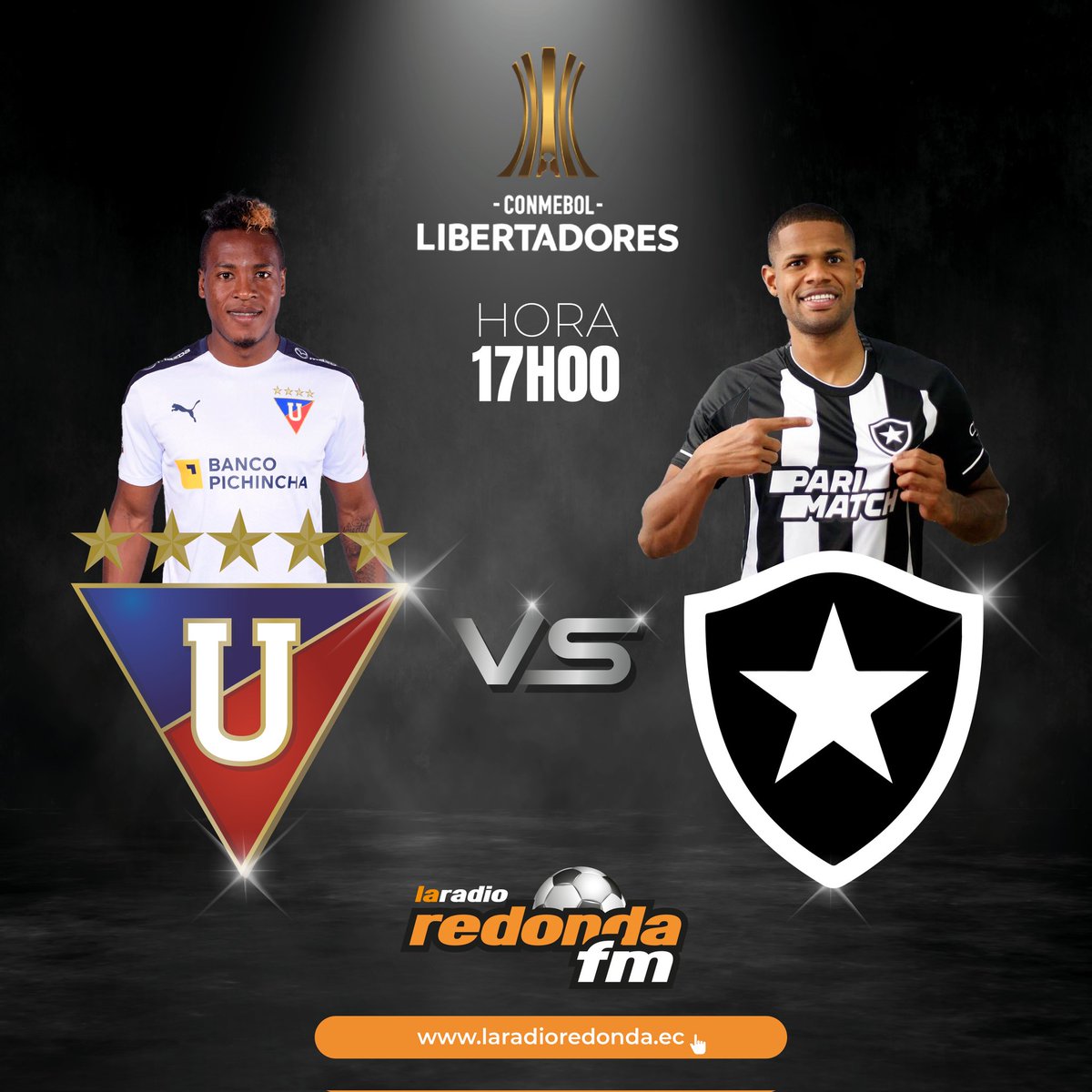 La Radio Redonda #Guayaquil ⚽
Jueves 11 de abril

🏆 #CopaLibertadores
📋 Fase de Grupos - Fecha 2
➡️ <a href="/LDU_Oficial/">LDU Oficial</a>  vs. <a href="/Botafogo/">Botafogo F.R.</a>
🕒 17:00
📡 99.3 FM

Relatos: <a href="/javidavilam/">Javier Dávila M.</a>
Comentarios: <a href="/MayBayas/">Mayra Bayas B</a>
Comercial: <a href="/ElPelusaEC/">Diego Alvarado M.</a>

#LibertadoresxLaRedonda 📻