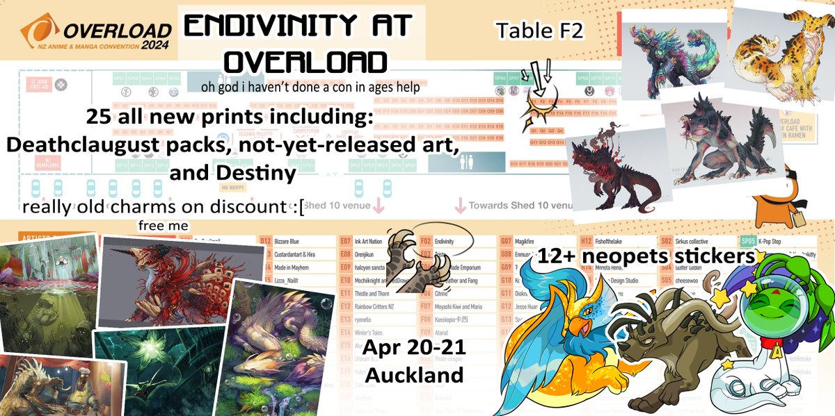 hey hello i'm tentatively braving the con scene next weekend after a few years away!!! there's been a minor shuffle of stock to add new exciting things including style-cohesive neopets sticker sheets and mini packs of deathclaugust prints! :3c