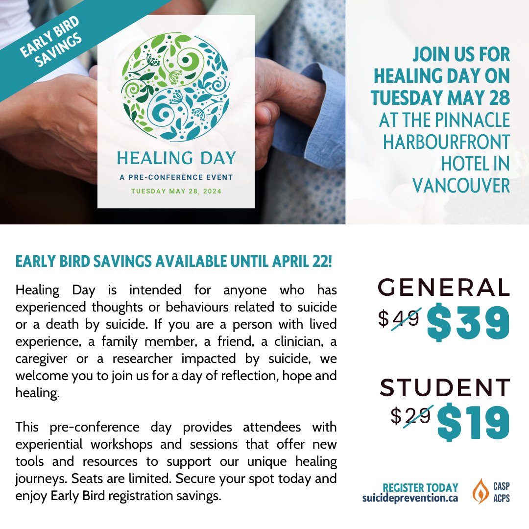 Join us on for Healing Day on Tuesday May 28 at the Pinnacle Harbourfront Hotel in #Vancouver. Visit bit.ly/4bh0Elx for more information! #LivedExperience #HealingJourney #workshop #SuicidePrevention #VancouverBC #MentalHealth #MentalHealthAwareness #HealingDay