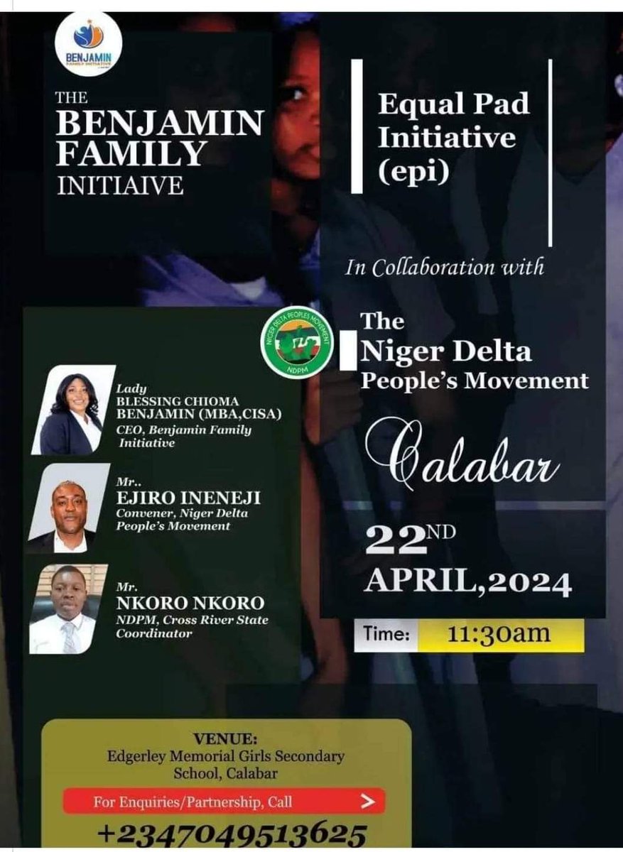 ndpmsongi's tweet photo. Equal Pad Initiative (EPI) collaborated by the @ndpmsongi and Benjamin Family Initiative to pad the Girl Child in Calabar.
The Girl child deserves to be love, cared for and develop. @UNPOintl
@UNICEF @benjaminfa47739 @profnkoro #PadaGirl #NDPM #BFI #EPI #NigerDelta #Calabar https://t.co/tA3qF3jXbv