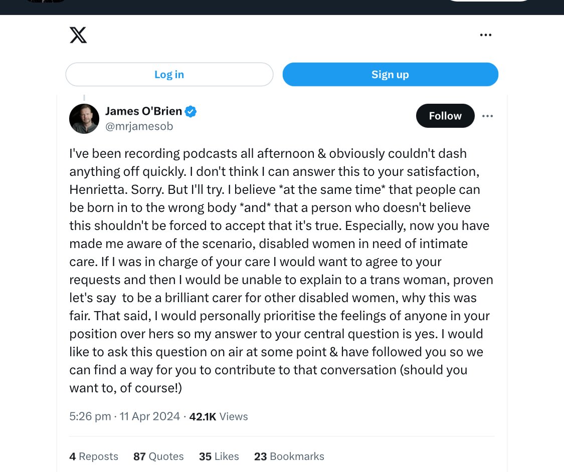42k views, 35 likes for @mrjamesob telling @hen10freeman , a disabled woman, why he couldn’t explain to a man that it’s ok for women to have boundaries You are done James - you have pinned your colours to a movement that seeks to destroy women’s rights, you will lose