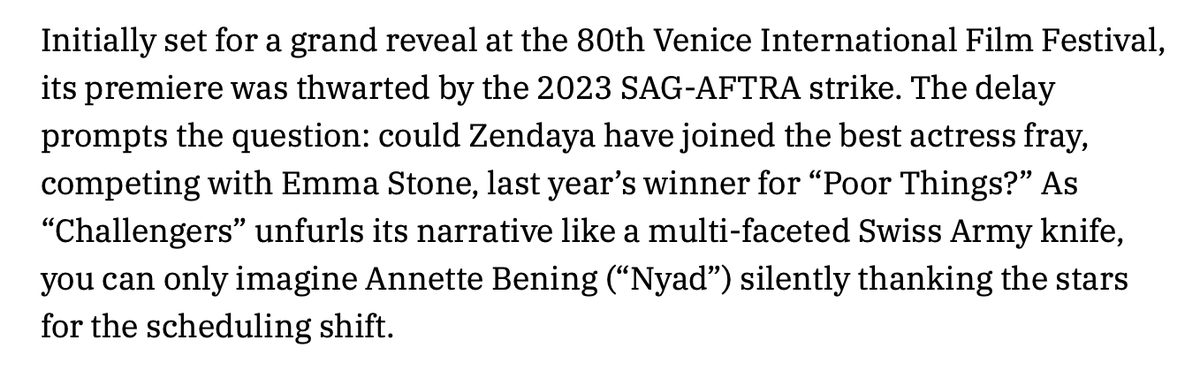 I wish trades would stop with the lie that the strikes were the reason for the delays.

The guilds were available to negotiate from Day 1, it was the AMPTP who refused to come to the table for months.

If they HAD come to the table on Day 1, Zendaya would have had her epic 2023.