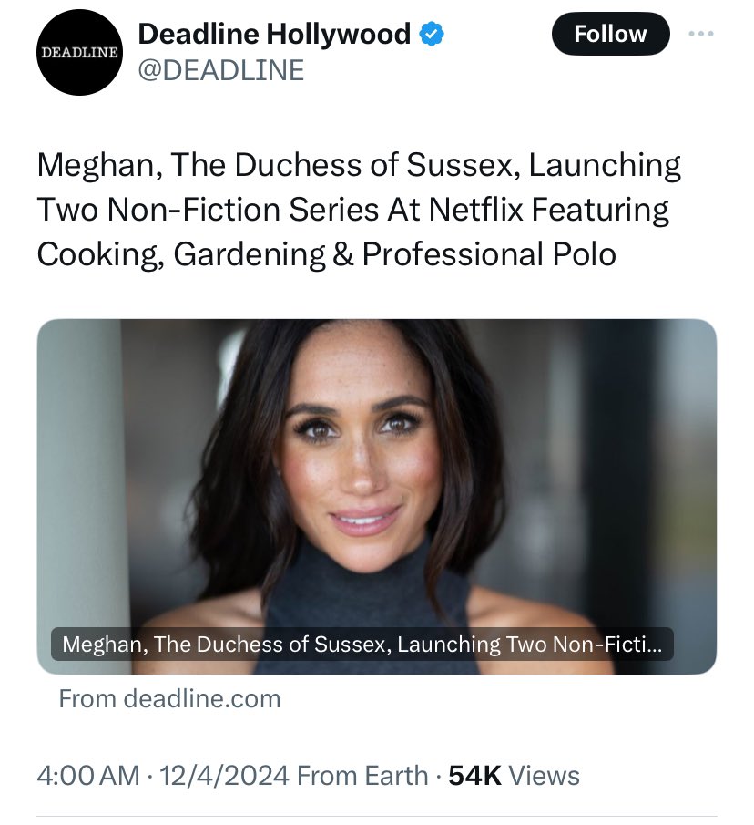 How exciting! 🥳🎉Harry & Meghan are launching 2 new Netflix series. It will be brilliant cooking & gardening along with Meg & I’ve always wanted to know more about the world of polo! 💃🏻🏇 Article link 👉 deadline.com/2024/04/meghan… #HarryandMeghanAreLoved #LoveAlwaysWins