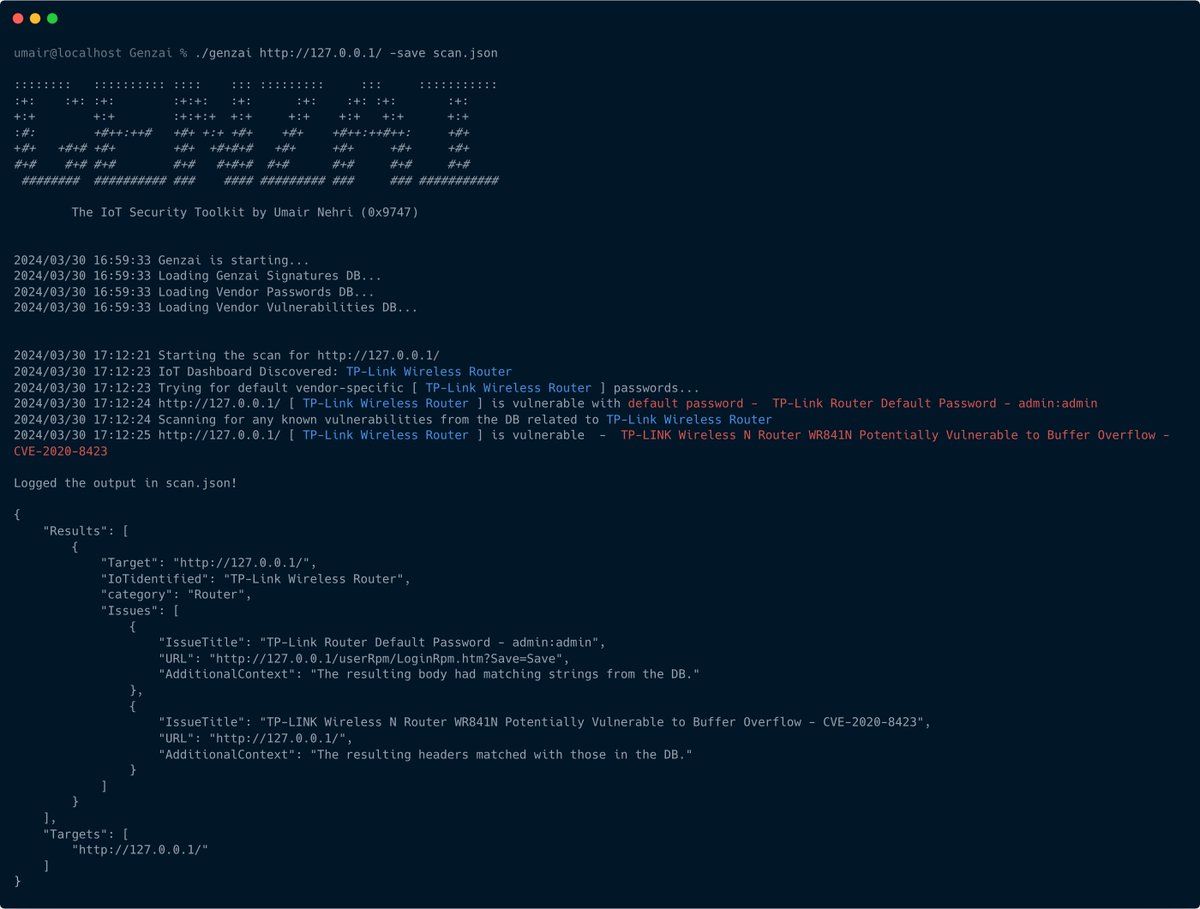 Genzai : The IoT security toolkit to help identify IoT related dashboards and scan them for default passwords and vulnerabilities : github.com/umair9747/Genz… credits @0x9747 #pentesting #CyberSecurity #Infosec