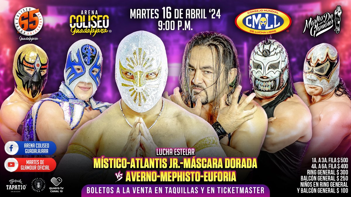 🤩 ¡La batalla estelar que nos espera en el #MartesDeGlamourCMLL! Místico retorna a La Perla de Occidente junto a Atlantis Jr. y Máscara Dorada en contra de Los Infernales... 📍Arena Coliseo GDL 🗓️ 16 de abril '24 🕘 9:00 pm 🎟️ Boletos en taquillas y en: ticketmaster.com.mx/event/3D005F8E…