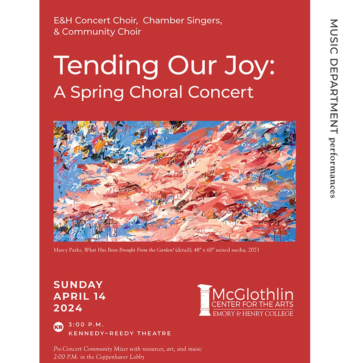 🎶This Sunday, April 14 at 3 p.m. the E&H Concert Choir, Chamber Singers and Community Choir present Tending Our Joy: A Spring Choral Concert in the Kennedy~Reedy Theatre of McGlothlin Center for the Arts. Join us for a 2 p.m. pre-show mixer. Tickets at ehc.edu/mcglothlincent…