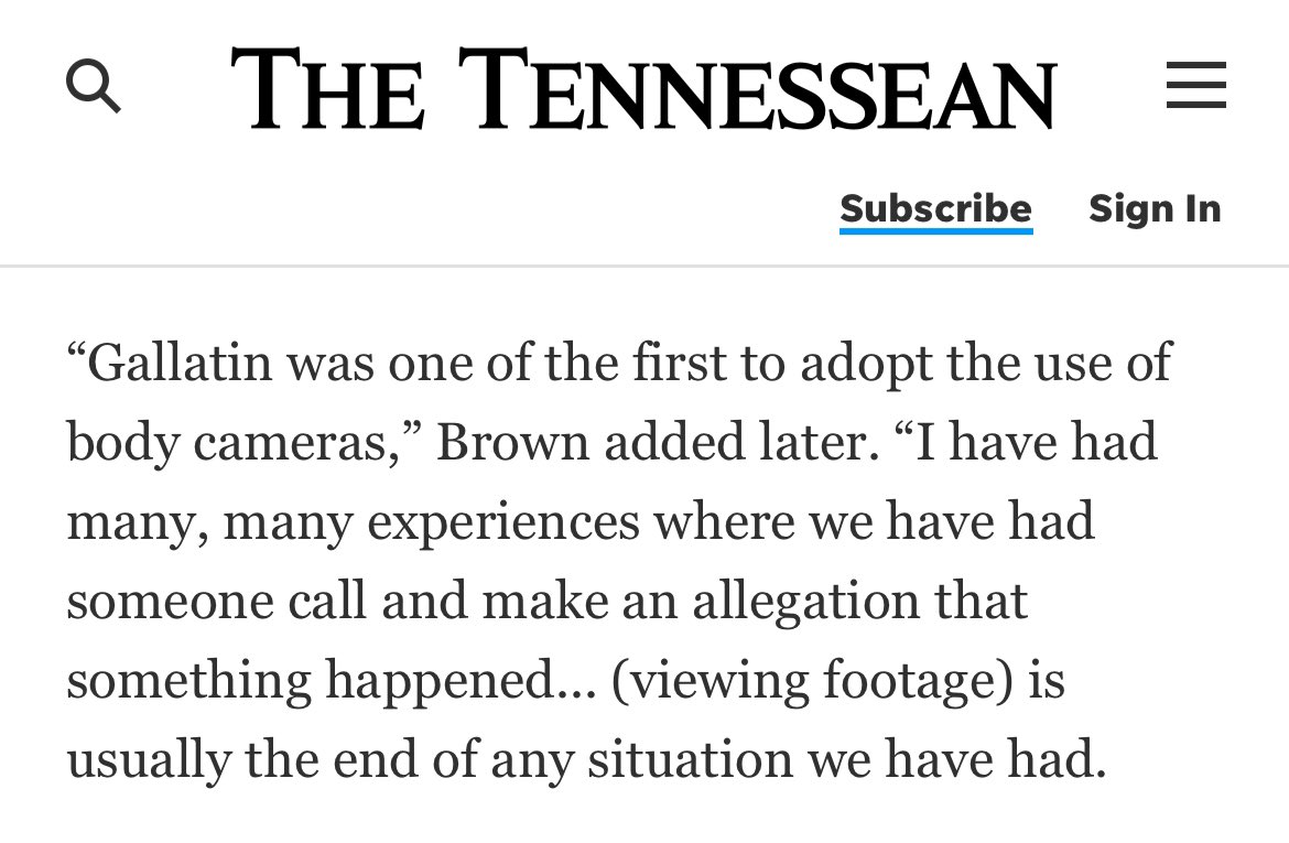 TO PAIGE BROWN, MAYOR OF GALLATIN TN: You made the below statements in June of 2020 (one month before the death of #GrantSolomon) via the @Tennessean, boasting about the use of @GallatinPolice body cams. After speaking to various former TN law enforcement officers, body cam