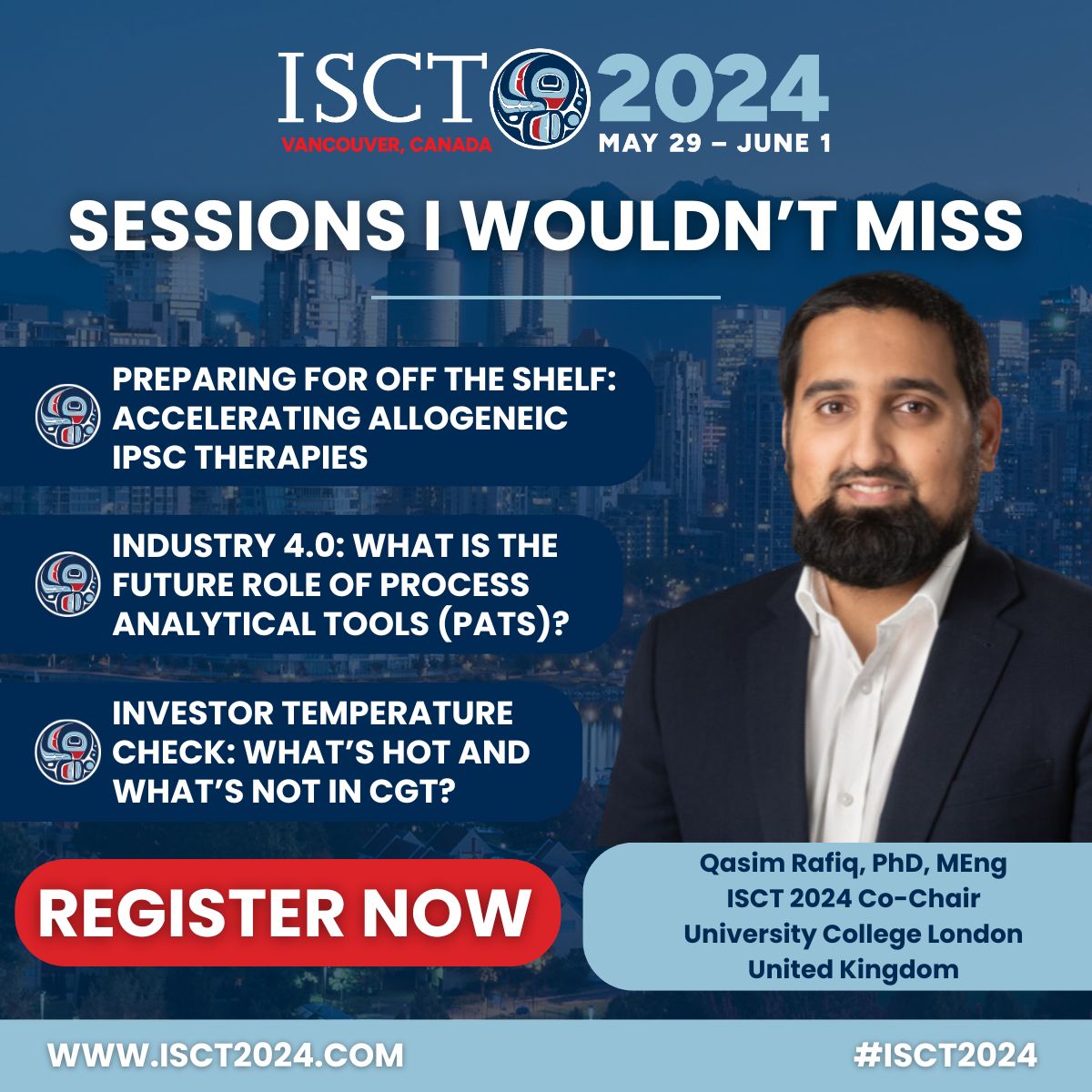 The countdown is on for ISCT 2024 Vancouver! Qasim Rafiq, ISCT 2024 Co-Chair, reveals his must-attend sessions from this year's program. Register now to secure your spot at the leading cell and gene translation event of the year. Register now: buff.ly/484XMFT