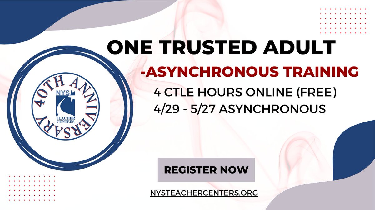 One Trusted Adult Foundations-Asynchronous Training offered by @nystc1 bit.ly/NYSTCCatalog #ByTeachersForTeachers #NYSTC40 @nysednews @nysut <REGISTRATION> mylearningplan.com/WebReg/Activit…