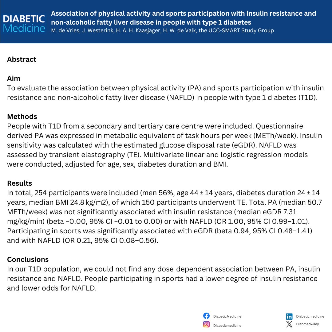 Association of physical activity and sports participation with insulin resistance and non-alcoholic fatty liver disease in people with type 1 diabetes 🔗 doi.org/10.1111/dme.15… #type1diabetes #NAFLD #physical #fattyliver #exercise #T1D