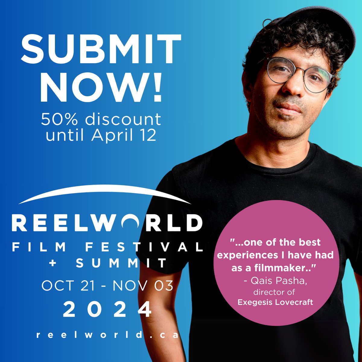 Reminder: The 50% discount on film submissions for the 24th annual Reelworld Film Festival+Summit ends tomorrow, Apr 12. Take advantage of the opportunity to showcase your film at the festival+summit from Oct 21 to Nov 3. Visit our website, reelworld.ca/2024film-submi…, today.