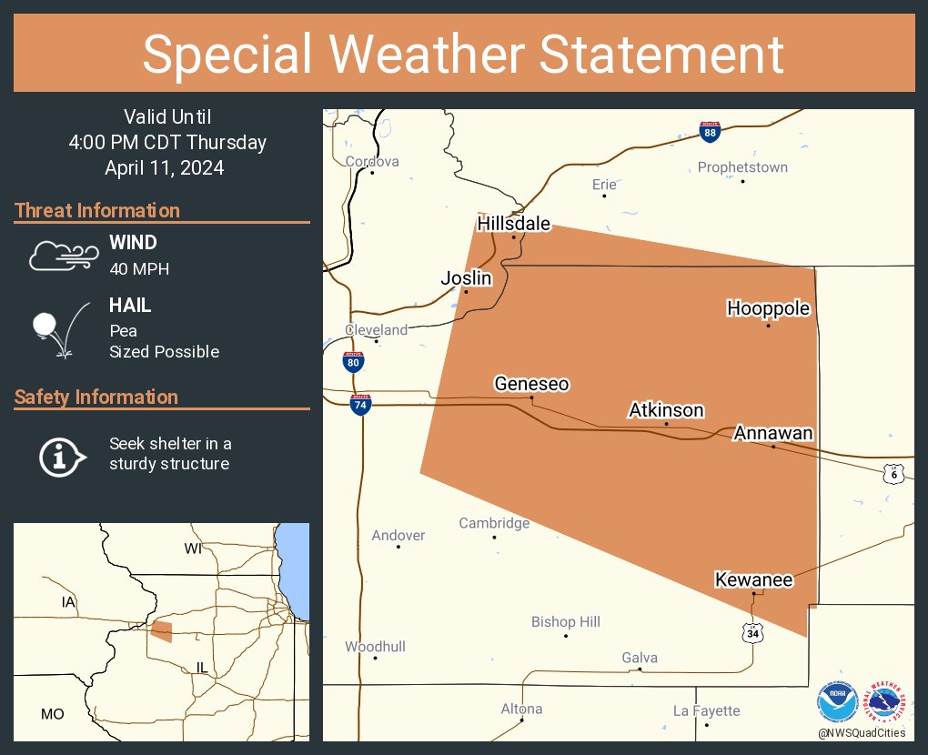 A special weather statement has been issued for Kewanee IL, Geneseo IL and Atkinson IL until 4:00 PM CDT