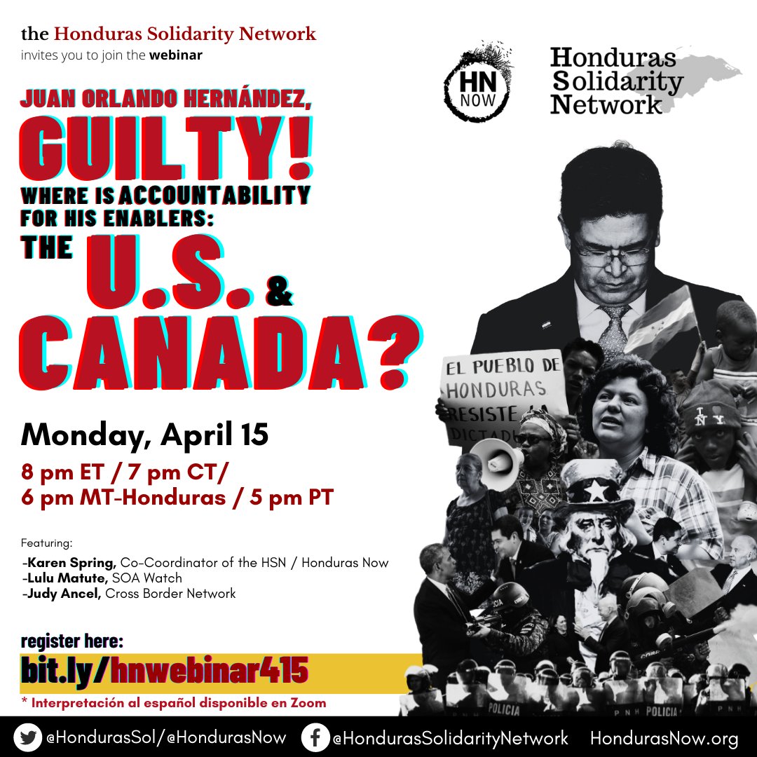 Join us to hear the outcomes of the trial that found ex-president of Honduras Juan Orlando Hernández guilty of drug trafficking and weapons-related charges. Our campaign, and how you can join us to take action. 🗓️ Monday, April 15th 🕰️ 6:00 pm. 📍 Zoom 👉 bit.ly/hnwebinar415