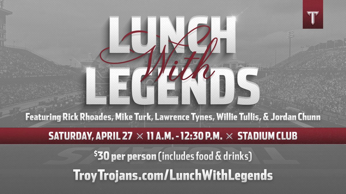 Fans, don't miss out on one of the most unique experiences in collegiate football‼️ Join us on April 27, for our annual Lunch With Legends and meet some of the most marquee names in Troy Football History! 🔗TroyTrojans.com/LunchWithLegen… #OneTROY⚔️🏈