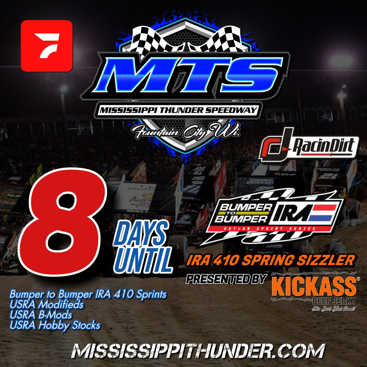 Only eight days away from getting the 2024 season started with the Bumper to Bumper @IRA_sprints 410 Spring Sizzler presented by @KICKASSBEEFJERK! Visit mississippithunder.com for details on admission prices and event times!