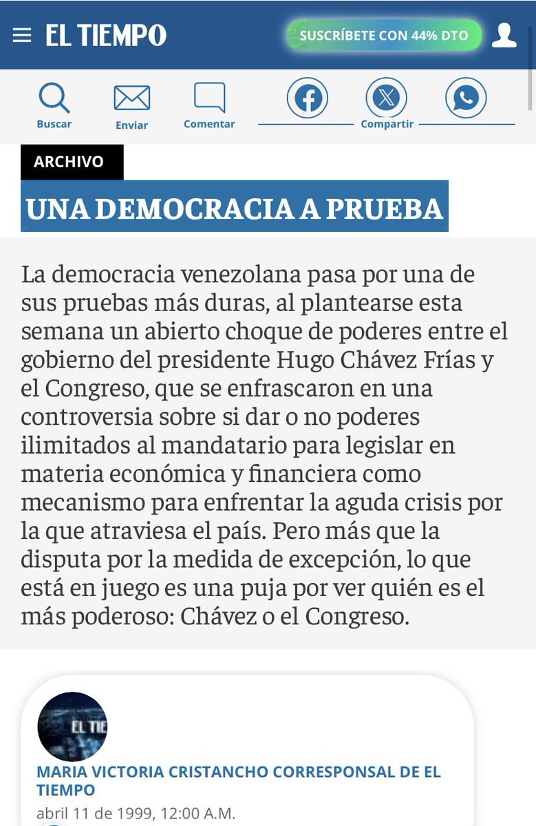 Hace 25 años👇 Este es el guión de Venezuela que quiere seguir Petro, con la diferencia que no es Chávez, no tiene el apoyo popular y las instituciones y contrapesos democráticos colombianos no se van a arrodillar. El 21 de abril salimos a #LaMarchaDeTodos 🇨🇴para mostrarle al…