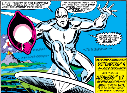 MarvelADay's tweet photo. #MarvelADay #Avengers116 Vision sees that Wanda is in danger and speeds towards her leaving Surfer to claim the first piece of the Eye. Be here tomorrow as the story continues with John covering Defenders 9 (#Def9). - VA https://t.co/Wx7kzV0NMf