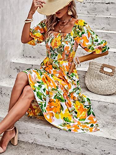 PRETTYGARDEN Women's Summer Casual Midi Dress 2024 Spring Puff Sleeve Square Neck A-line Flowy Boho Floral Smocked Dresses #dress #ad Visit Now... samtumblin.myshopify.com/products/prett… amzn.to/3TTcRoz