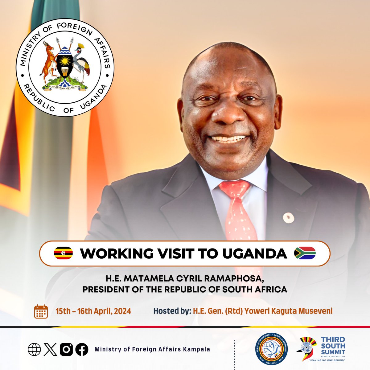 UPDATE- H.E Cyril Ramaphosa, the President of the Republic of South Africa will be in Uganda on a two-day Working Visit from 15th-16th April, 2024. The purpose of the visit is to strengthen the excellent bilateral relations between Uganda & South Africa. #UBCNEWS