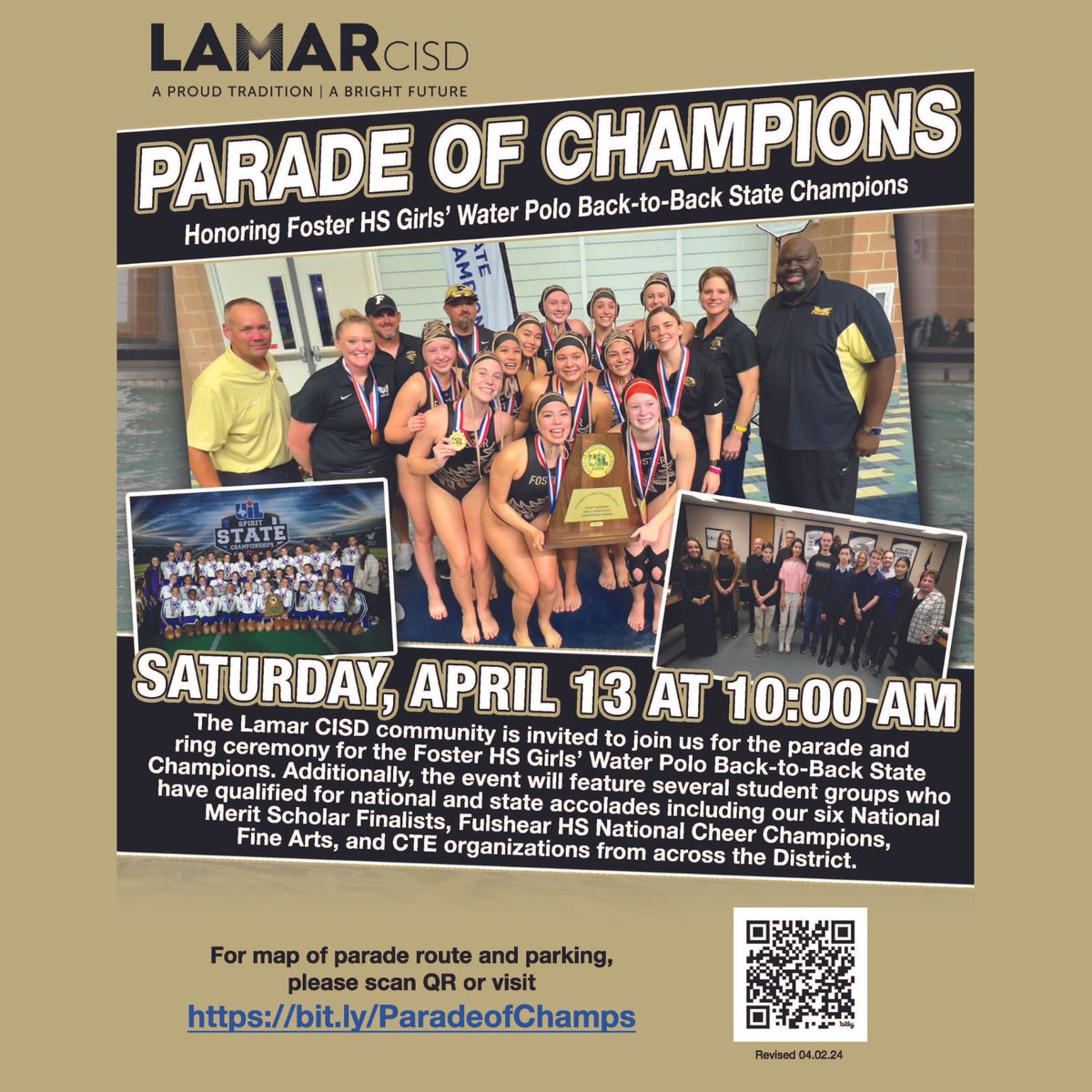 The Parade of Champions is on 4/13 at 10 AM. Join us as we’ll be honoring the Foster HS Girls’ Water Polo team for their back-to-back state championship & many student organizations within the District who have qualified for state and nationals.🎉 🔗 lcisd.org/news