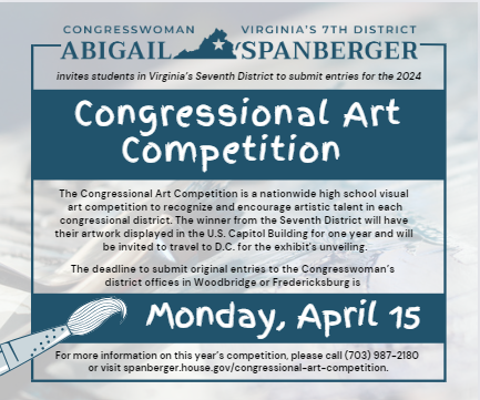 Submissions for the 2024 Congressional Art Competition are due in TWO DAYS! 🎨🖌️ The winner will have their art displayed in the U.S. Capitol — alongside winners from all 50 states — for one year. For more information, visit spanberger.house.gov/congressional-….