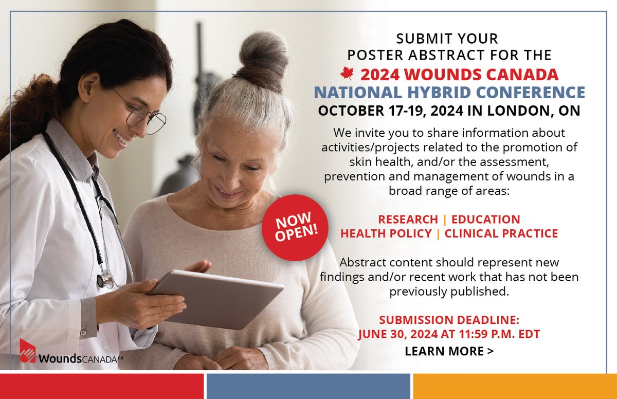 Submit your Poster Abstracts for the 2024 #WoundsCanada National Hybrid Conference by June 30th! All submissions accepted for inclusion at the conference will be eligible for a variety of awards. Full submission details available here: woundscanada.ca/health-care-pr… #WoundsCanada2024