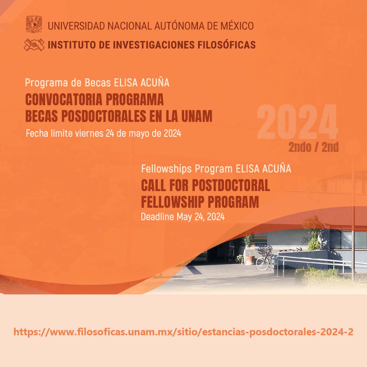 Junto con @UNAM_IIFs te presentamos la convocatoria al Programa de Becas Posdoctorales en la UNAM 2024 (2° periodo Posdoc 2024). 📅Fecha límite para entregar solicitudes: 24 de mayo de 2024. ✅Consulta la convocatoria completa: filosoficas.unam.mx/sitio/estancia… ¡Participa!