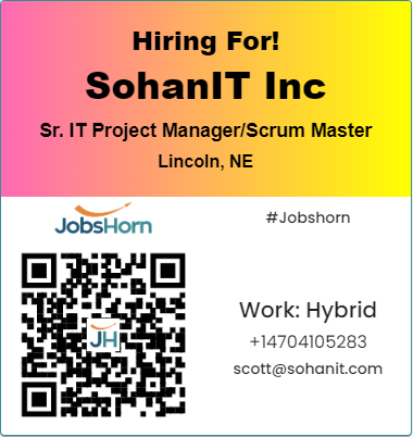 kamalgo7it's tweet image. 📷 JOB ALERT 📷
#Apply here: jobshorn.com/.../sr-it-proj…
📷 Job Title: #IT_Project_manager/Scrum master
📷 Location:  #lincoln #nebraska (Hybrid)
📷 Rate: based on experience
📷 Duration: 12 Months
📷 Interview type: Skype or Phone
📷 Job type: W2 C2C 1099
📷 Experience: 10 years