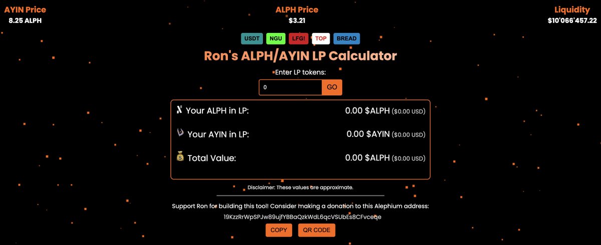 I'm very proud to announce my latest and biggest update to my #Alephium LP Tool! - Listed on alph.land ✅ - New design/style 👨‍🎨 - 3 New Pairs: $LFG $TOP $BREAD 🪙 - Price and Liquidity Banner 🤑 - QR Code for donations 🍻 🌐 rondex.xyz/lp-tool #ALPH $ALPH