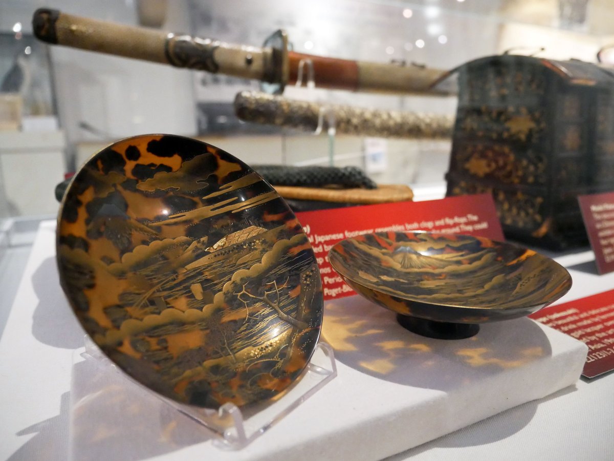TorquayMuseum's tweet photo. #ObjectOfTheWeek: Japanese Sake Cups
These two beautiful and delicate cups were used for drinking sake (an alcoholic drink made by fermenting rice). They are made of gold lacquer over tortoiseshell with designs depicting Mount Fuji and are signed by the artist. #Japan #sakecups https://t.co/YILXCKeqII