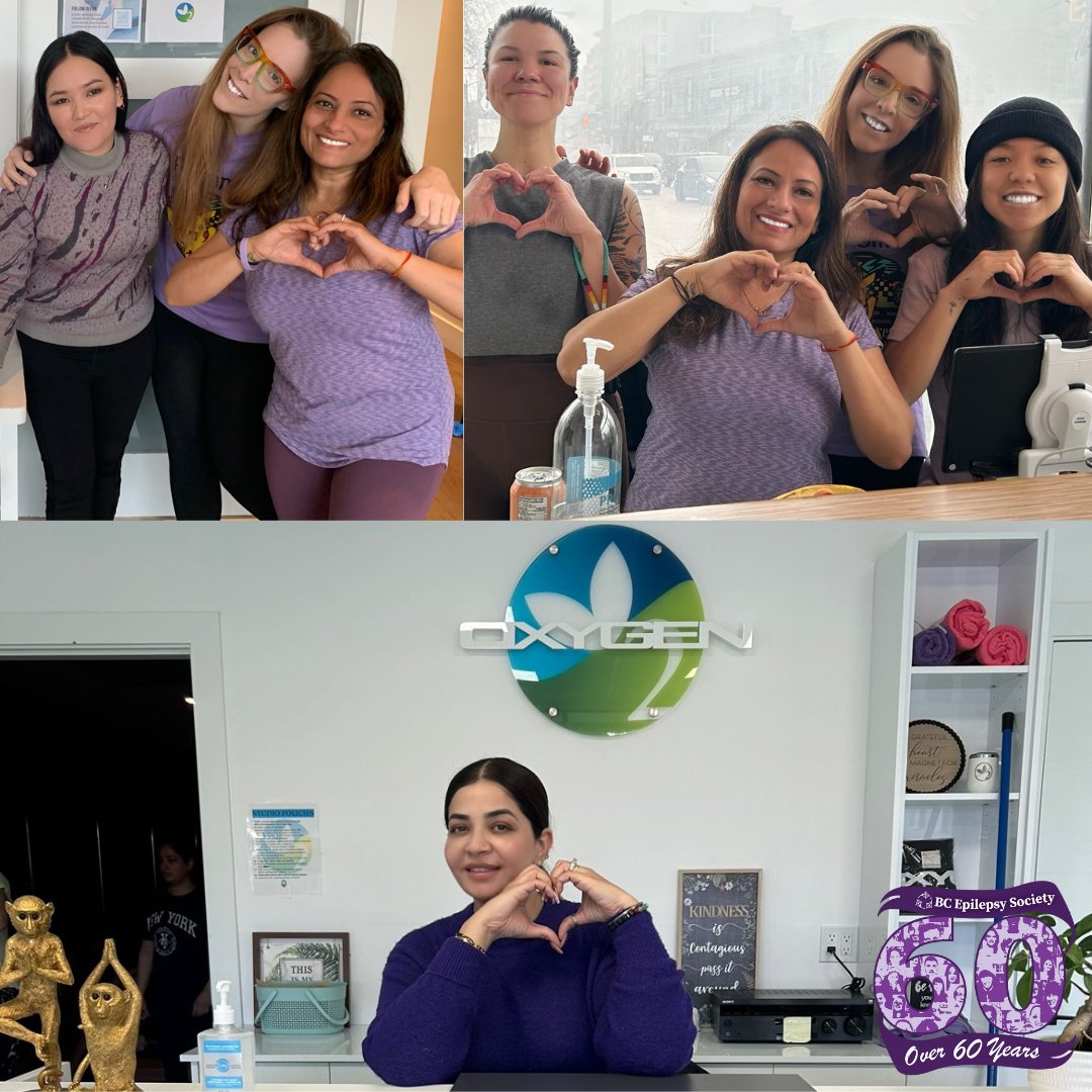 Thank you to staff at Oxygen Yoga & Fitness Olympic Village, Kitsilano, and Surrey Centre for wearing purple on #PurpleDay and helping us raise #epilepsy awareness! #EpilepsyAwarenessMonth #PurpleMonth #PurpleDay2024 #EpilepsyAwareness #OxygenYogaAndFitness #OYF #OxygenYoga