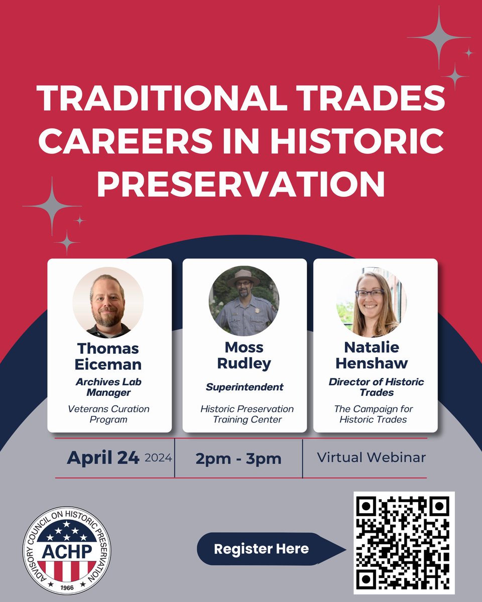 Join us at 2 p.m. ET Wed. 4/24 for our free webinar, Traditional Trades Careers in Historic Preservation. You will learn about the traditional trades field & how to get the training you need. Register here: achp.zoomgov.com/webinar/regist…