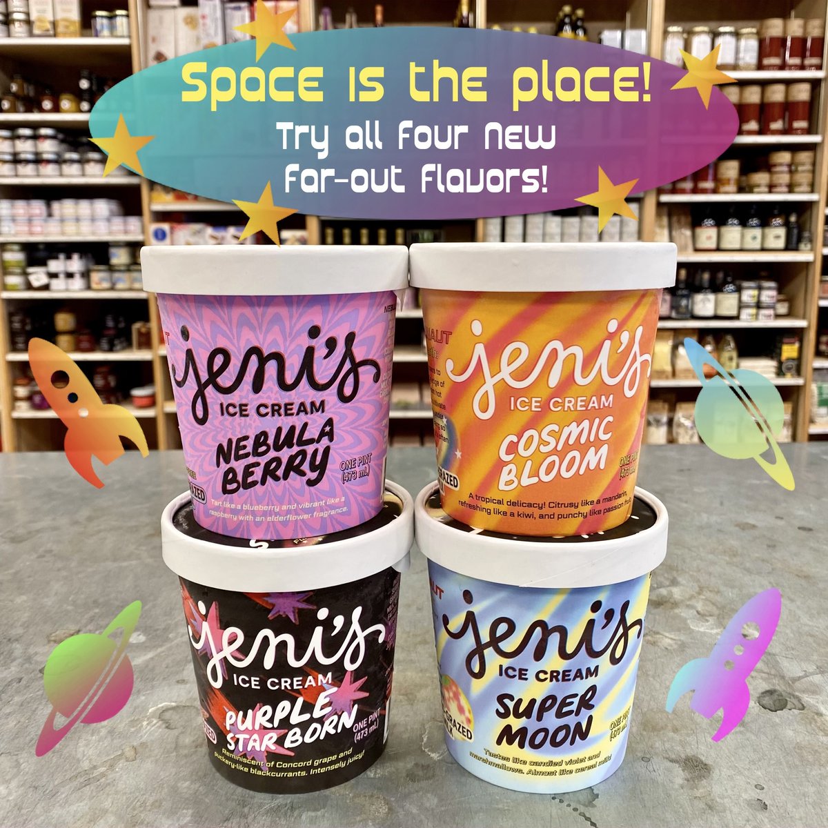 Four new, out-of-this-world flavors just landed from <a href="/jenisicecreams/">Jeni's Splendid Ice Creams</a>! They’re full of fruity funky fun and they’ll only be around for a limited rotation. Set your hyperdrive to warp speed and catch ‘em before they leave this galaxy!