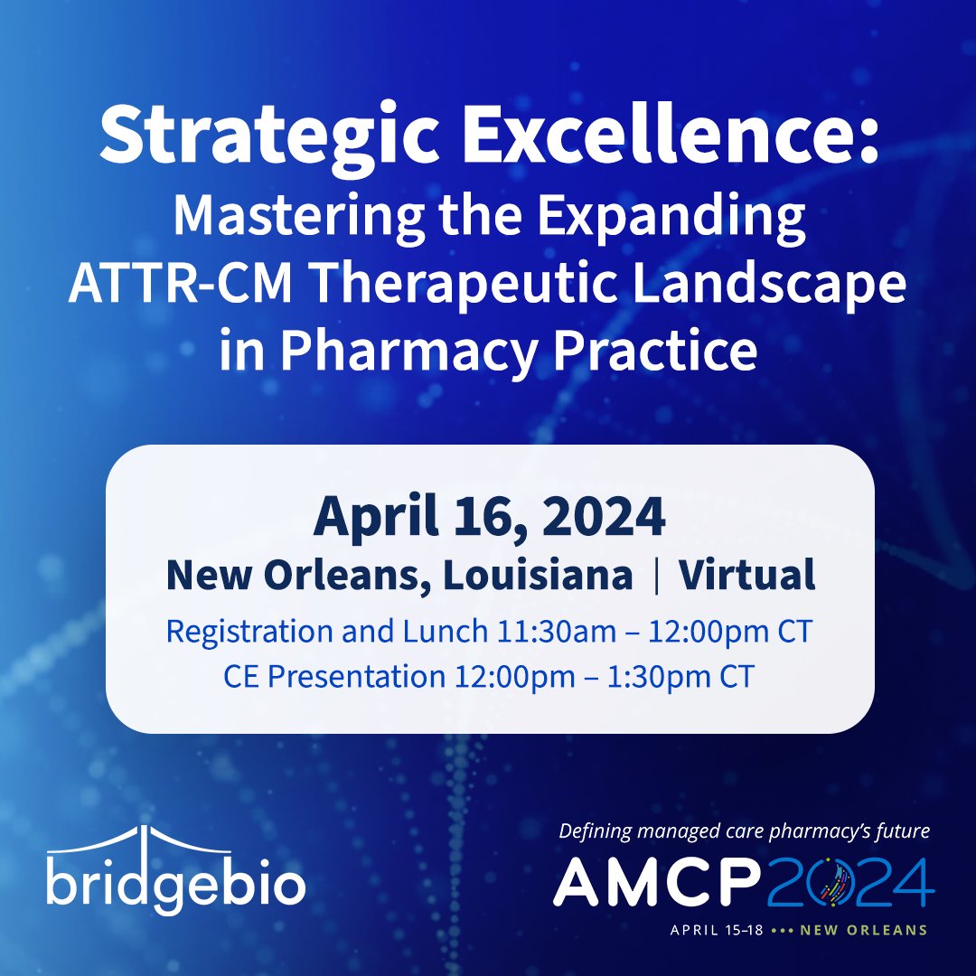 Join us at the @AMCPorg Annual Meeting this year to hear about the ATTR therapeutic landscape through a BridgeBio supported satellite symposium with @ReachMD. Register and learn more here: bit.ly/3vZhuFE