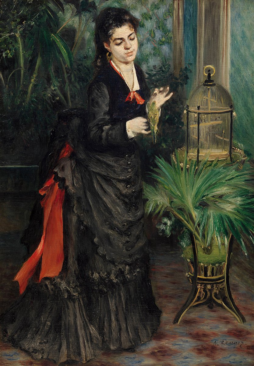 Lise Tréhot, Renoir's model and companion, depicts a bourgeois lady in an ornate interior, reflecting 19th-century bourgeois tensions, hinting at confinement. It suggests a deeper bond with her pet bird. 🎨: Pierre-Auguste Renoir, 'Woman with Parakeet,' 1871