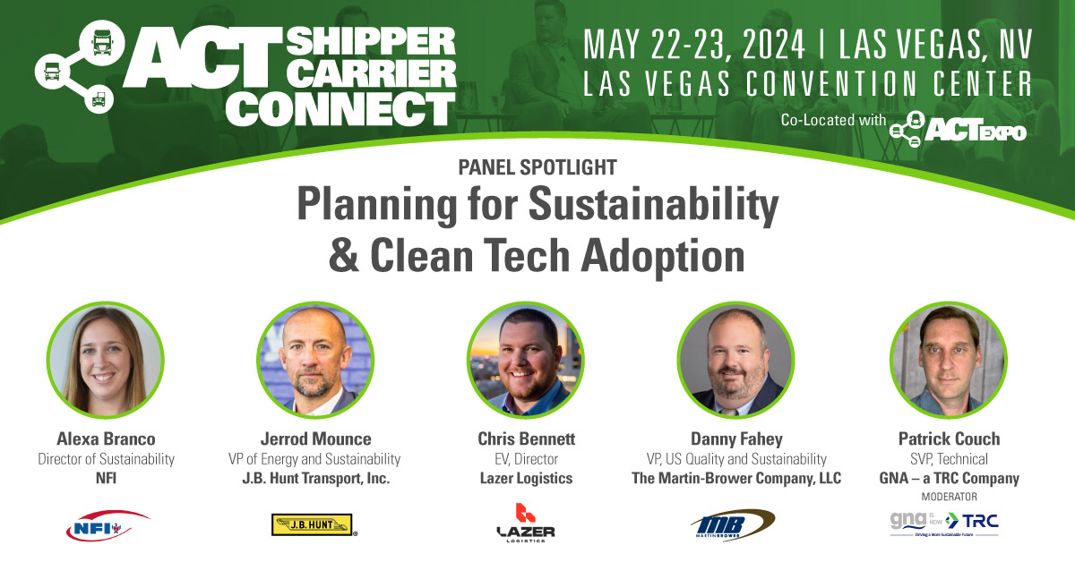 ACT Shipper-Carrier Connect attendees will hear early adopters of #sustainability strategies and #cleantech share candid stories and lessons learned in a panel titled, “Planning for Sustainability and Clean Tech Adoption.” View the full agenda & register: ow.ly/fMUR50R8EN7