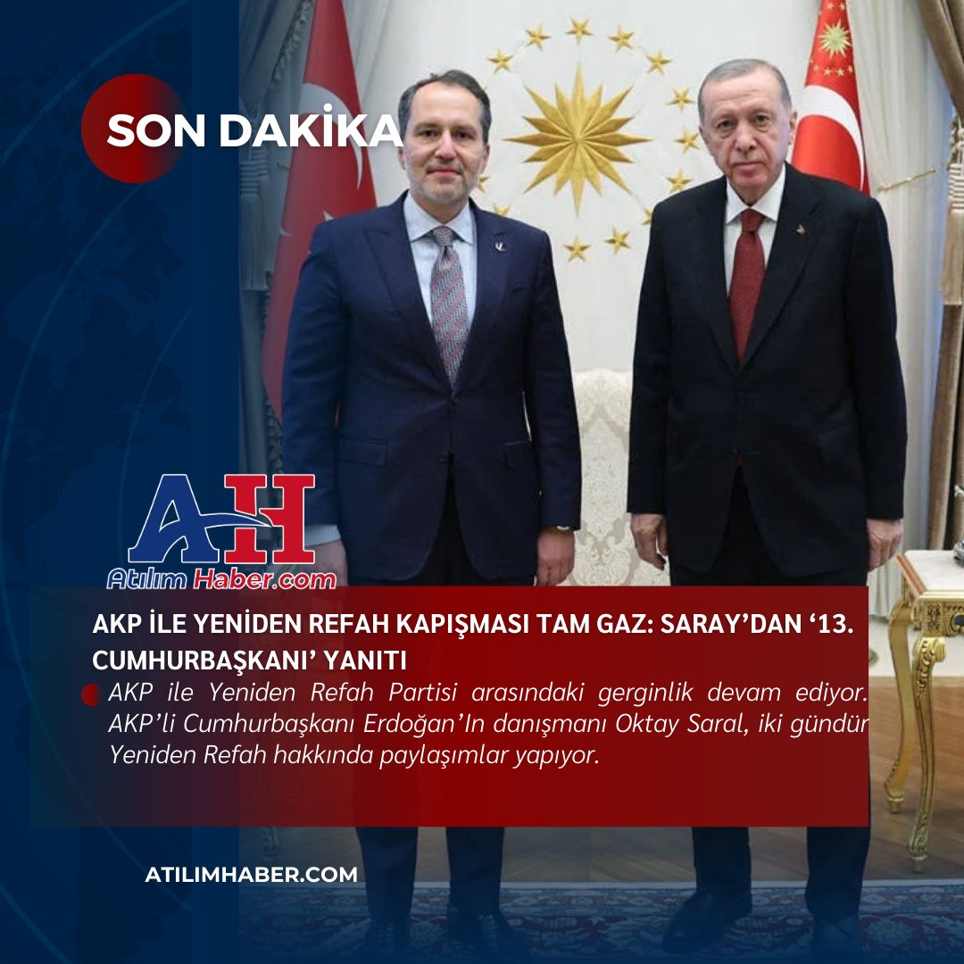 🔵🔴AKP ile Yeniden Refah kapışması tam gaz: Saray’dan ‘13. Cumhurbaşkanı’ yanıtı

AKP ile Yeniden Refah Partisi arasındaki gerginlik devam ediyor. AKP’li Cumhurbaşkanı Erdoğan’In danışmanı Oktay Saral, iki gündür Yeniden Refah hakkında paylaşımlar yapıyor.