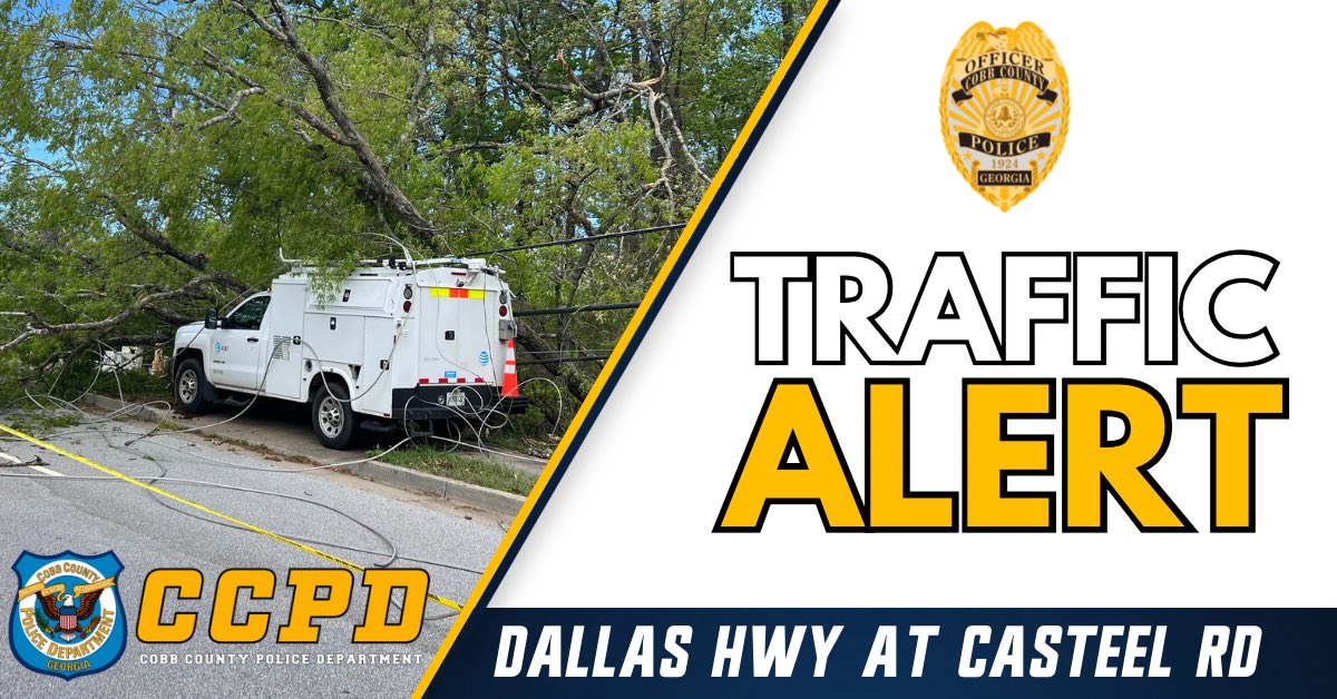 Traffic Alert A tree has fallen on Casteel Road near Dallas Hwy, which has caused a power outage heavily affecting traffic. Please use alternate routes until the tree is removed and power restored. #TrafficAlert #FallenTree