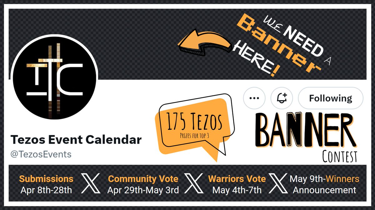 TezosEvents's tweet image. WE NEED A BANNER here☝️☝️
We want it to be created by the community &amp;amp; be the community to chose the best banners by voting, so we&apos;re doing a CONTEST with 175 $XTZ in prizes!

✍️Submissions: until April 28th
ℹ️thetezos.com/banner-contest

#StrongerTogether #tezos #contest #tezosevents