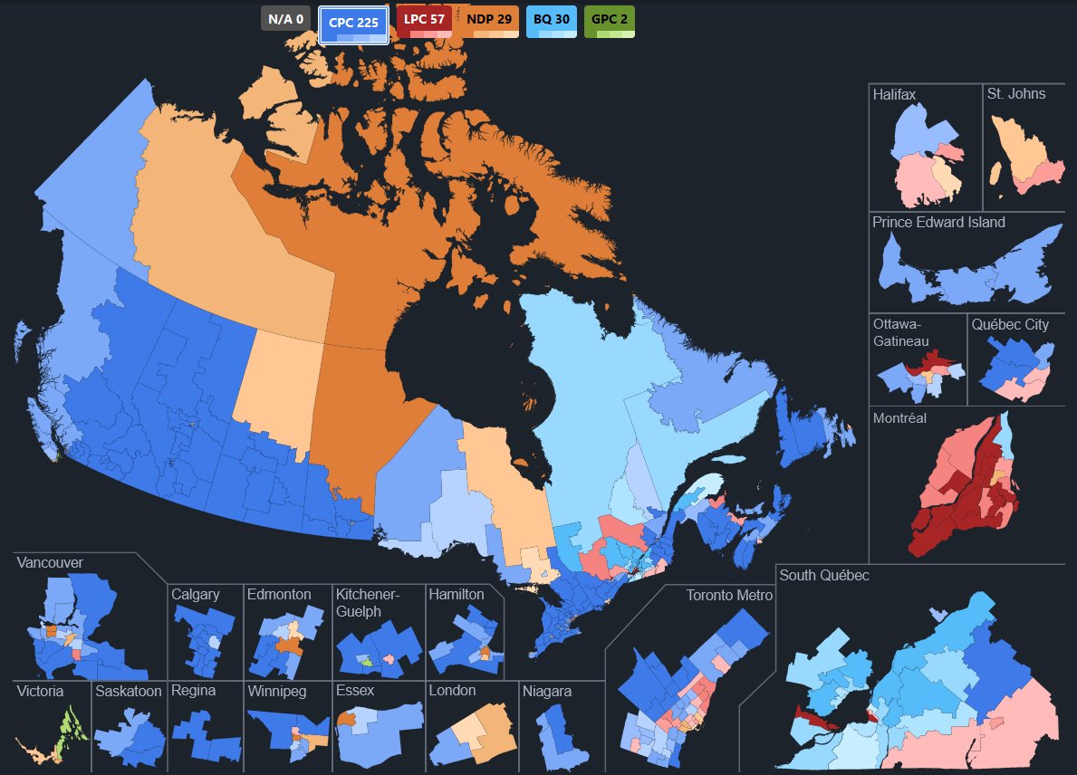 Here's that Abacus poll modelled and mapped!

CPC: 225 (+106)
LPC: 57 (-103)
BQ: 30 (-2)
NDP: 29 (+4)
GPC: 2 (-)

(Seat change with 2021 election)

(Model - @kylejhutton)