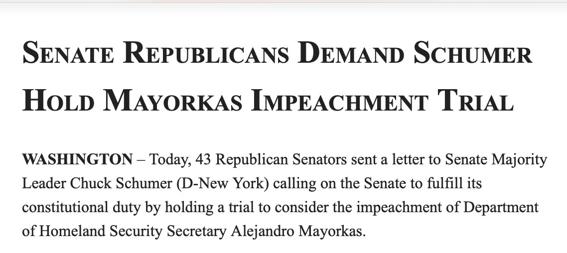 INBOX: 43 Senate Republicans demand Mayorkas impeachment trial move forward