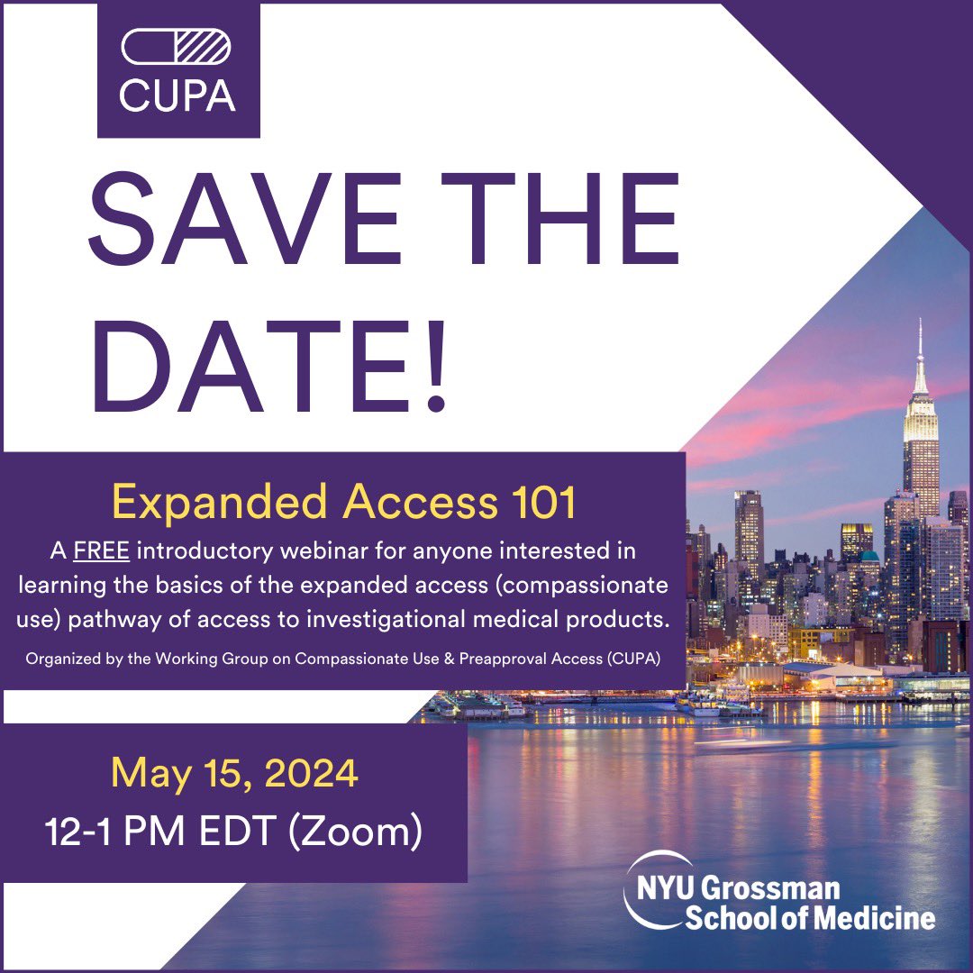 Are you a #patient🙋‍♂️, #physician👩‍⚕️, or member of #biopharma🧑‍🔬 wanting to learn more about #ExpandedAccess/#CompassionateUse? Save 5/15 on your calendar—more details on this FREE webinar coming soon!