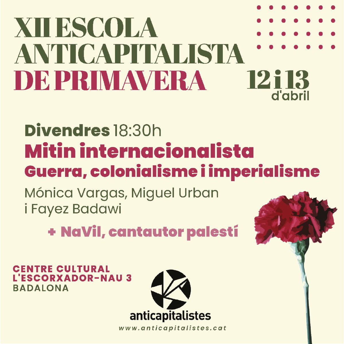 Començarem divendres parlant de guerra, colonialisme i imperialismes amb <a href="/MonicaVarColl/">Mónica Vargas C.</a>, <a href="/MiguelUrban/">Miguel Urbán Crespo</a> i Fayed Badawi.

<a href="/SumudPalestina/">SUMUD Palestina</a> portarà material en suport a #Palestina i per acabar tindrem l'actuació de NaVil, cantautor palestí.