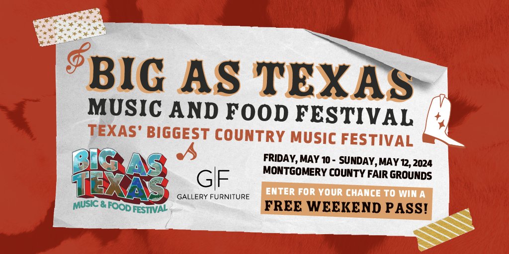 Buckle up for the Big As Texas Festival 2024! Come together at the Montgomery County Fairgrounds this May 10-12 for a weekend of music, meaning, and memories in the making. Get a chance to win FREE weekend passes valued at $250 at galleryfurniture.biz/4caff2J. See you there!